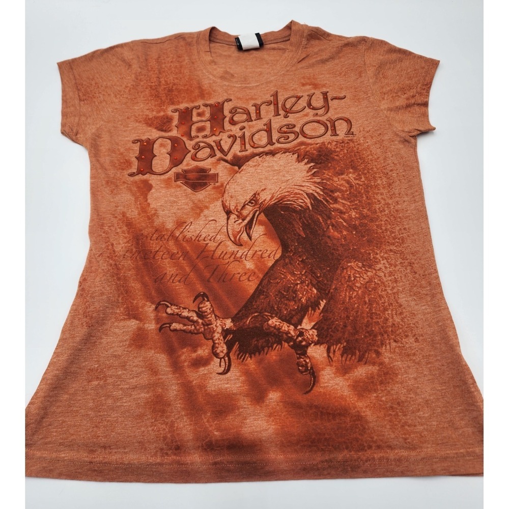 Harley-Davidson Womens Eagle Graphic T-Shirt Orange Acid Wash Tacoma WA Large - Picture 5 of 16